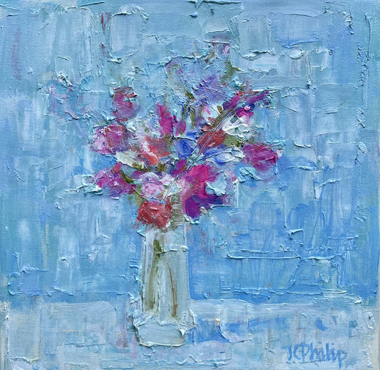 Painting of a bouquet of flowers in a vase on a textured blue background