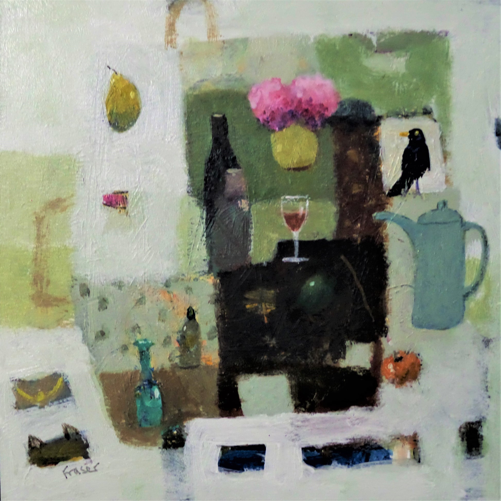 Artistic depiction of a room with furniture, decor, and a bird.