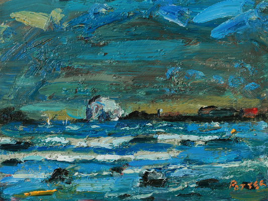 Painting of a coastal scene with blue water and sky.