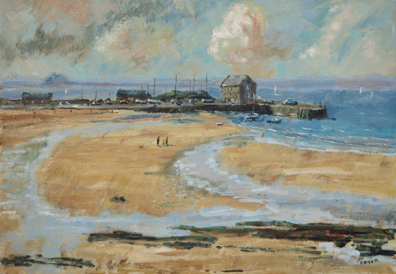 A painting of Elie harbour and the beach, with a cloudy sky and blue water.