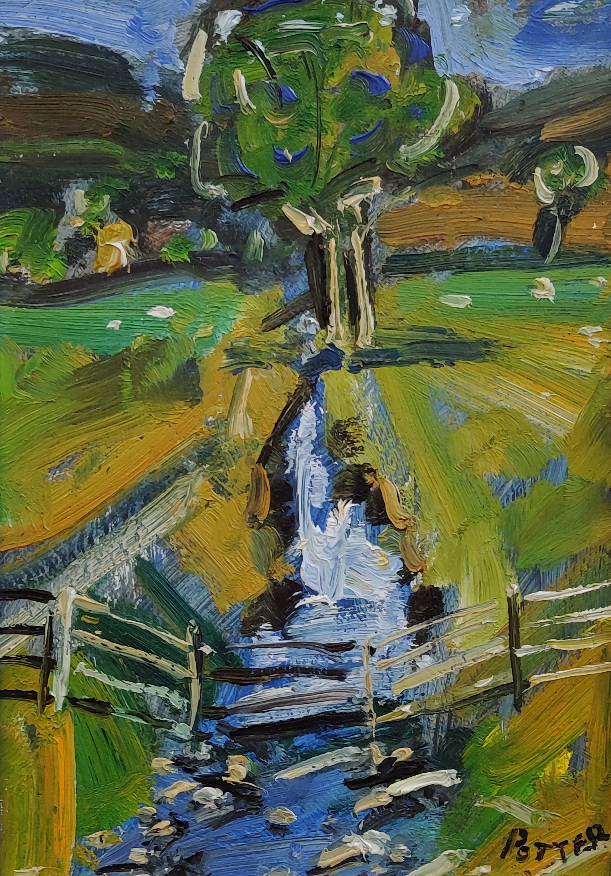 Painting of a landscape with a stream, trees, and a fence.