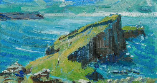 Artistic depiction of a coastal scene with a castle-like structure on an island.