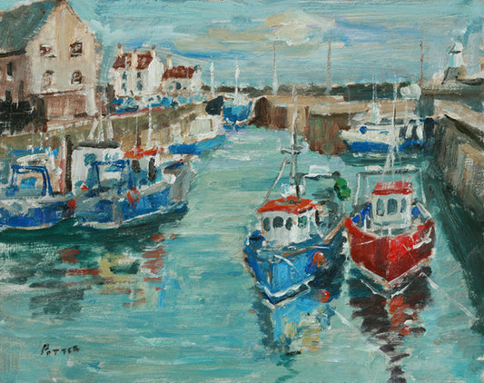 Painting of a harbor scene with boats and buildings.
