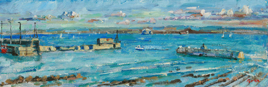 Artistic depiction of a harbor scene with boats and buildings.