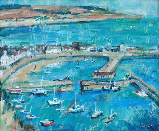 Harbor scene with boats and buildings, painted in a stylized manner.