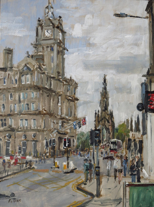 a painting of the Balmoral Hotel in Edinburgh on a cloudy day.