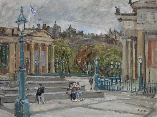 a painting of the national gallery in Edinburgh, with people sitting on the steps outside, and the castle in the background.