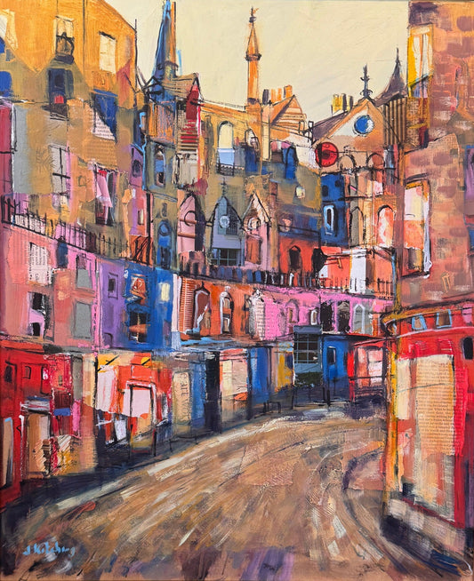 Framed abstract cityscape painting