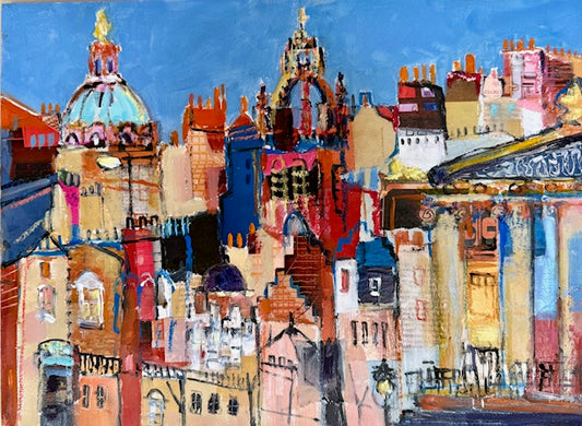 Colorful abstract painting of architectural structures
