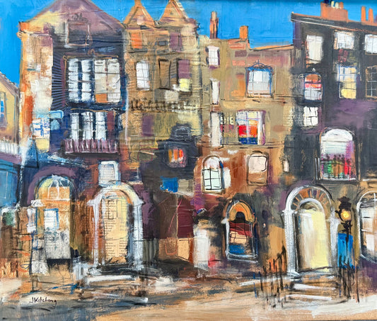 Painting of a city street with buildings and street lamps