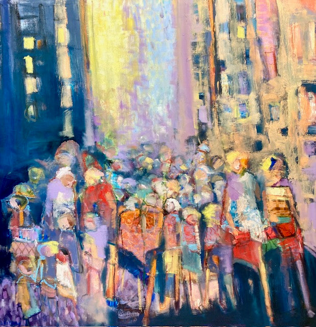 Abstract painting of a crowd of people in a cityscape