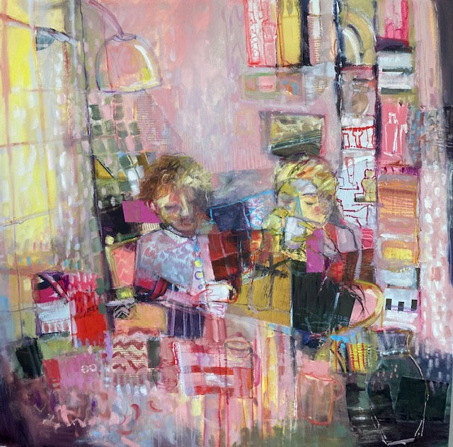 Abstract painting of two people sitting together with colorful background