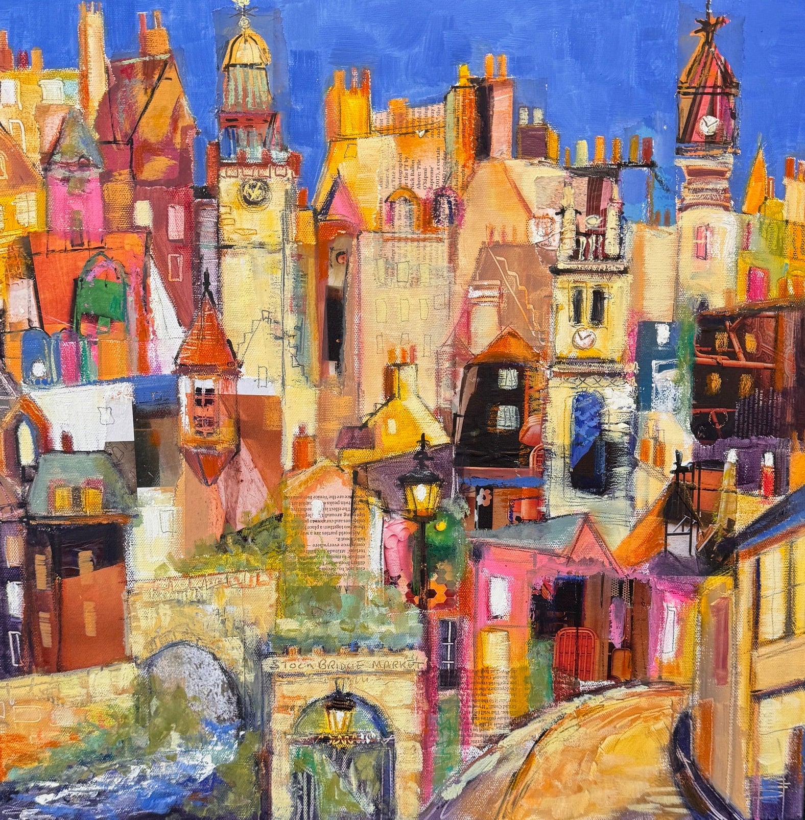Colorful cityscape painting on a textured surface