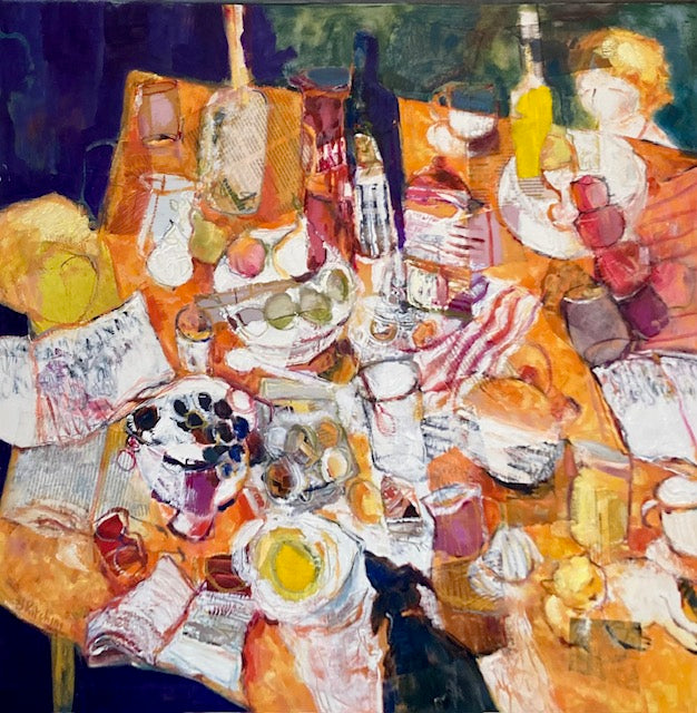 Painting of a table with food and drinks, featuring a woman and a child.