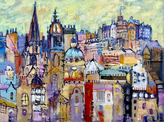 Colorful painting of a cityscape with various buildings and rooftops.