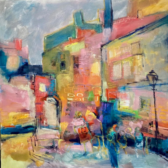 Colorful abstract painting of a street scene with buildings and a lamp post.