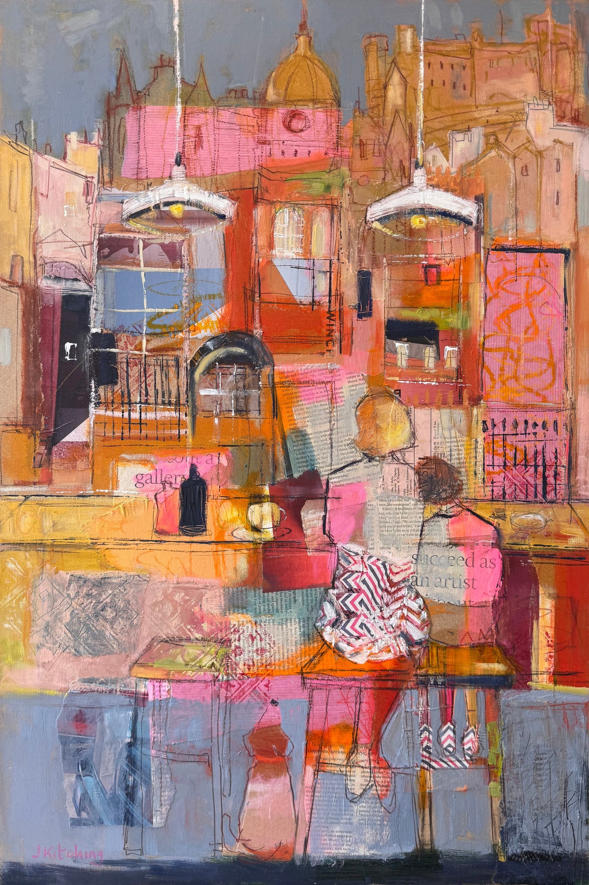 An abstract mixed-media painting of a cafe interior with a seated figure, rendered in warm pinks, oranges, yellows, and blues, framed in black and displayed on a wooden easel.