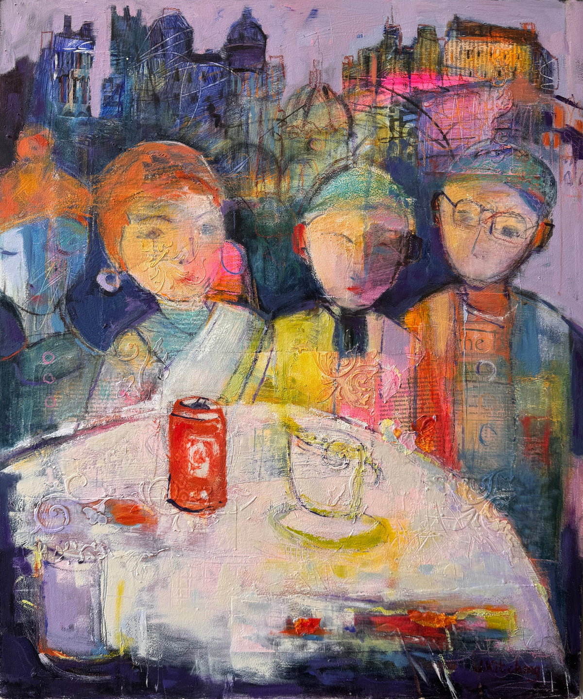 An expressive, colorful painting of three people seated at a table, displayed on an easel. The artwork features thick impasto brushstrokes and a white frame, with a cityscape-like background in purple, blue, and pink tones.