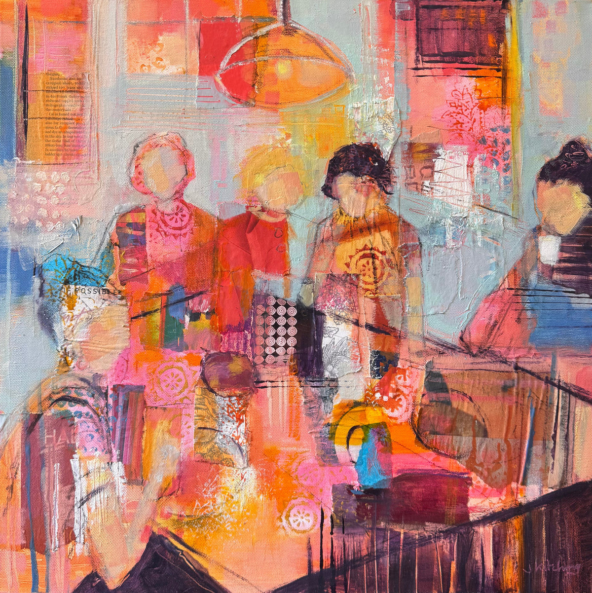 A framed abstract painting depicting stylized figures in a cafe or interior scene, rendered in expressive brushstrokes of orange, pink, red, blue, and brown tones, enclosed in a black frame.