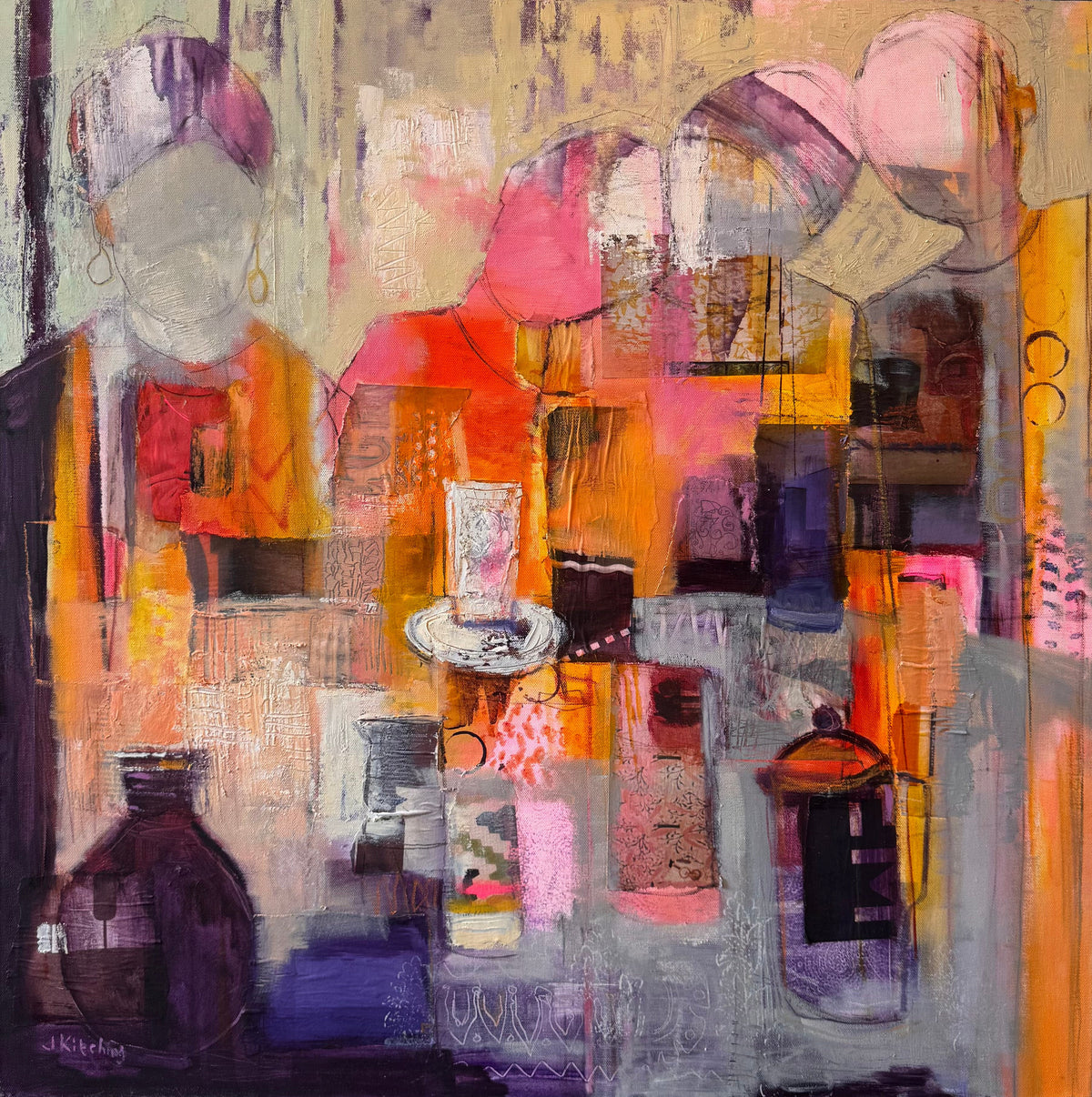 An abstract framed painting featuring a colorful still-life composition with pink, orange, purple, gray, and white elements, displayed on an easel.