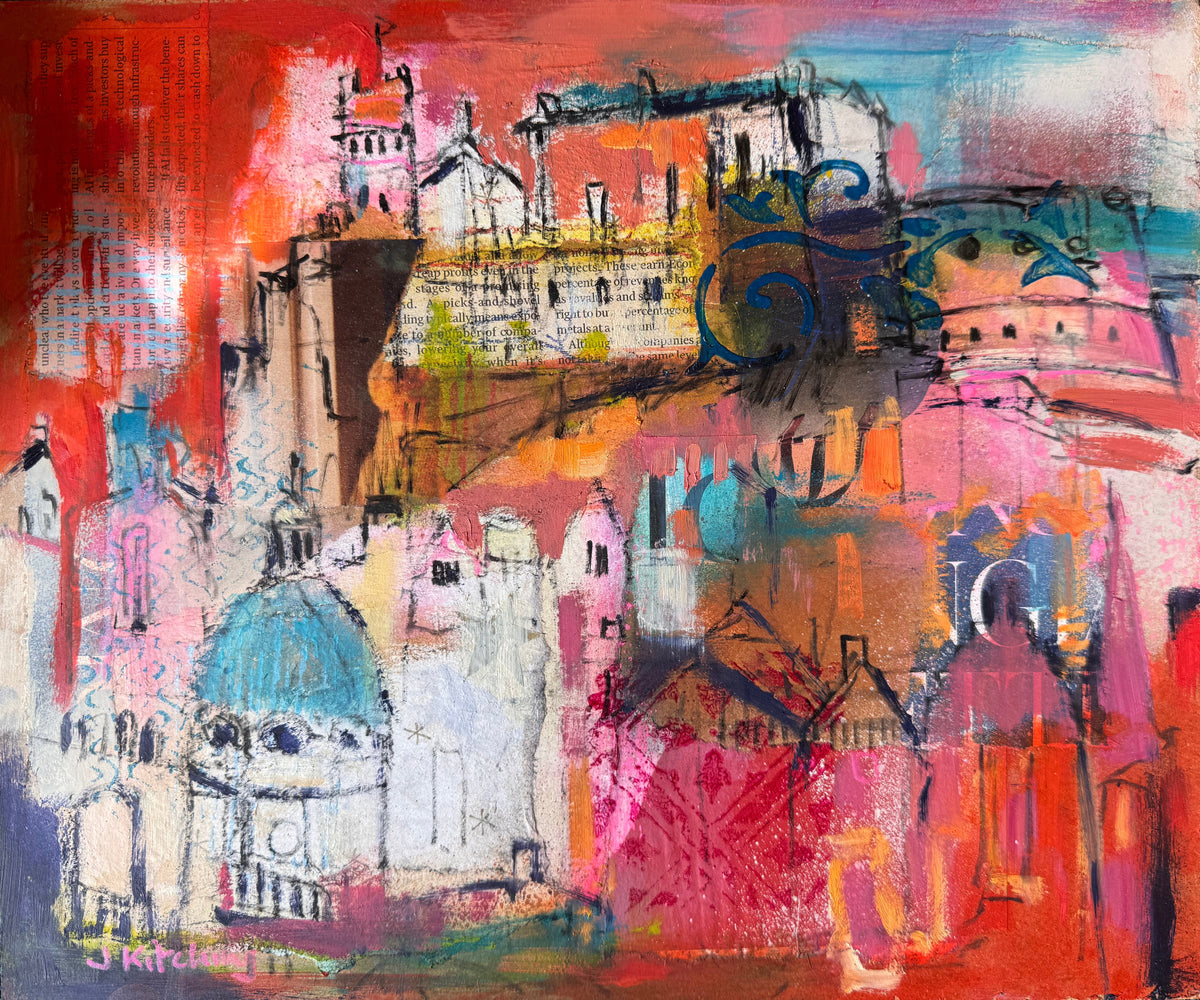 An abstract mixed-media painting featuring a vibrant collage of red, pink, orange, blue, and white brushstrokes with architectural and scribbled details, displayed on a dark green textured surface.