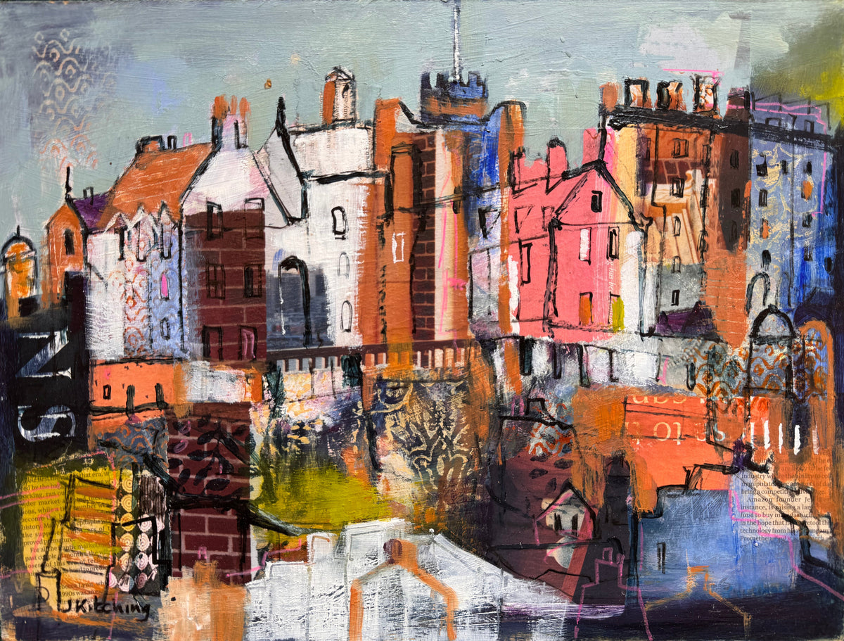An abstract mixed-media painting depicting stylized city buildings and architectural forms, featuring a complex collage of orange, pink, blue, white, black, and yellow tones on a textured canvas.