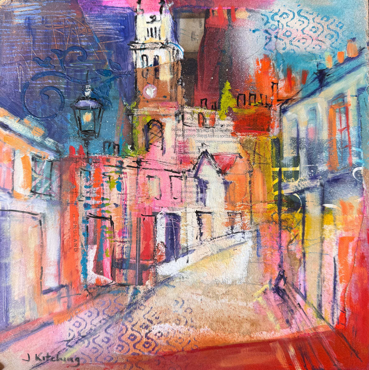 An abstract mixed-media painting of an interior room scene, featuring expressive brushstrokes and splatters in red, orange, pink, blue, purple, and white, displayed on a dark green textured surface.