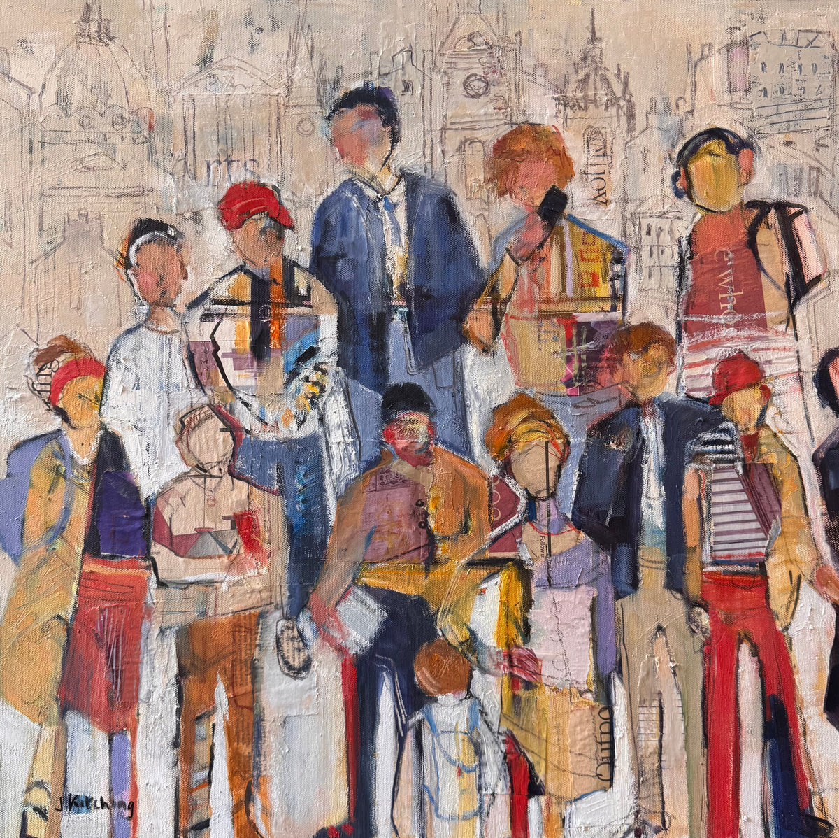 An abstract painting depicting a group of people in various poses, rendered in expressive brushstrokes of blue, red, yellow, and beige, enclosed in a black frame.