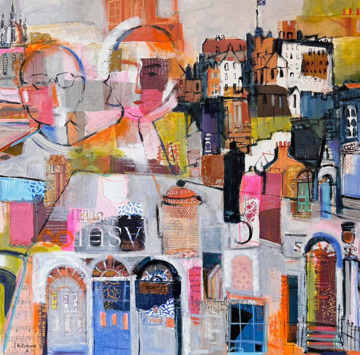 An abstract cityscape painting featuring stylized faces, buildings, and architectural elements in a patchwork of pink, blue, orange, yellow, black, and white tones.