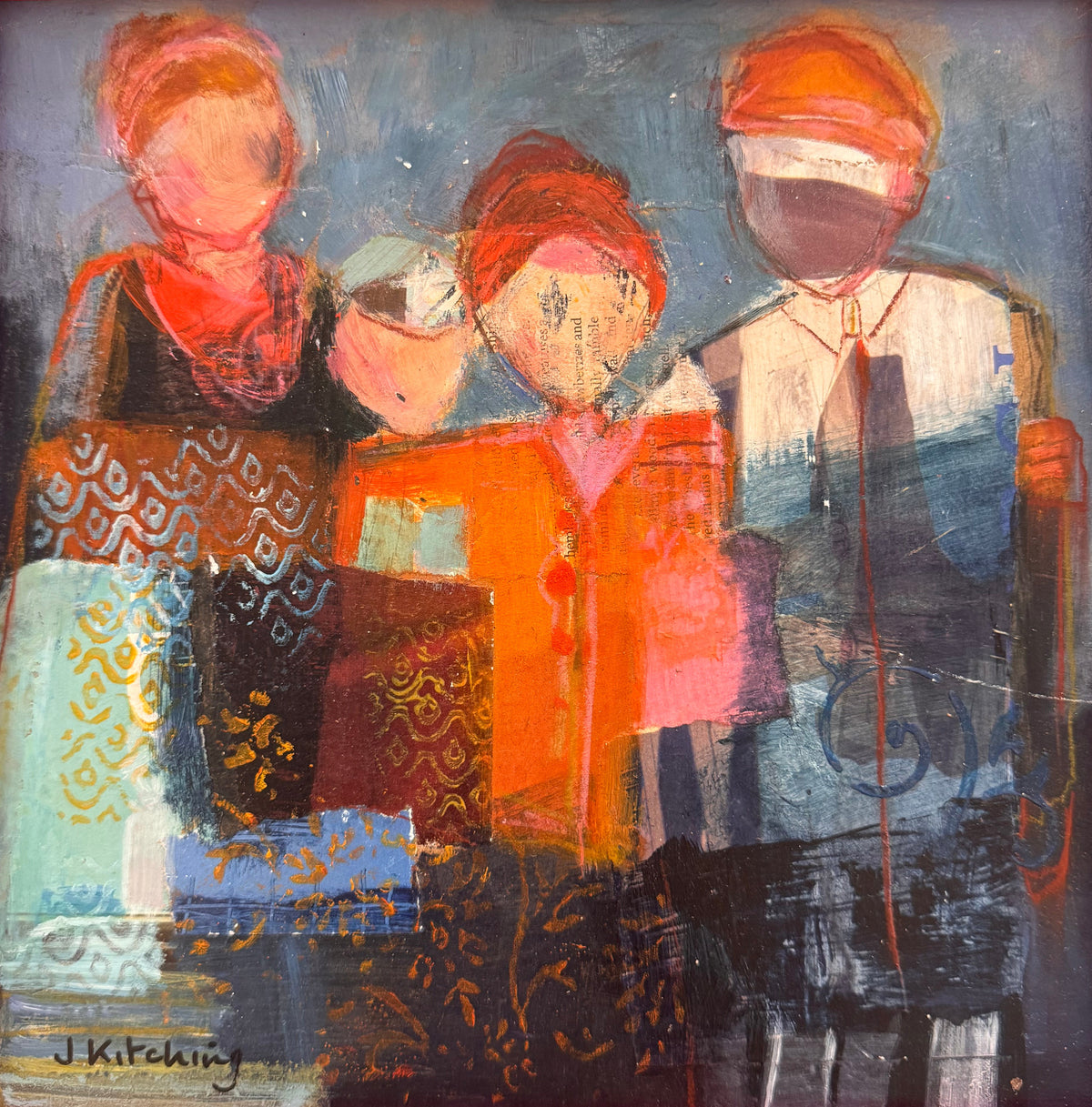 A framed painting depicting three stylized figures with red headwear and patterned garments, set in a bright pink frame against a dark background.