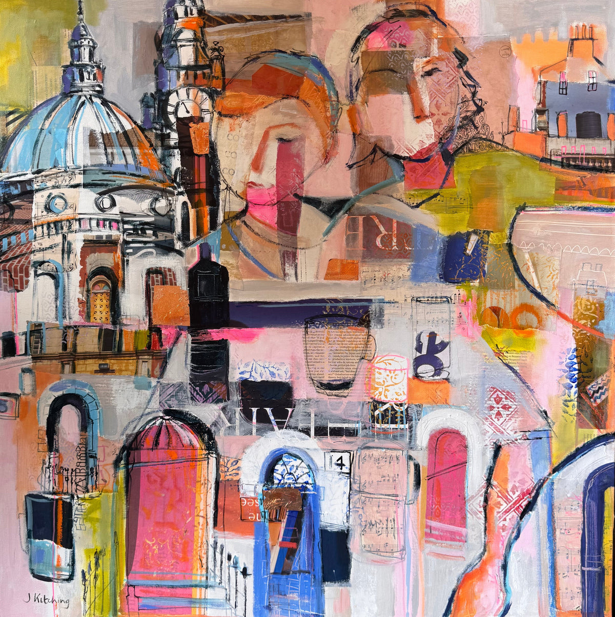 An abstract mixed-media painting depicting architectural domes and stylized faces, displayed on a canvas with a dark frame against a beige wall.