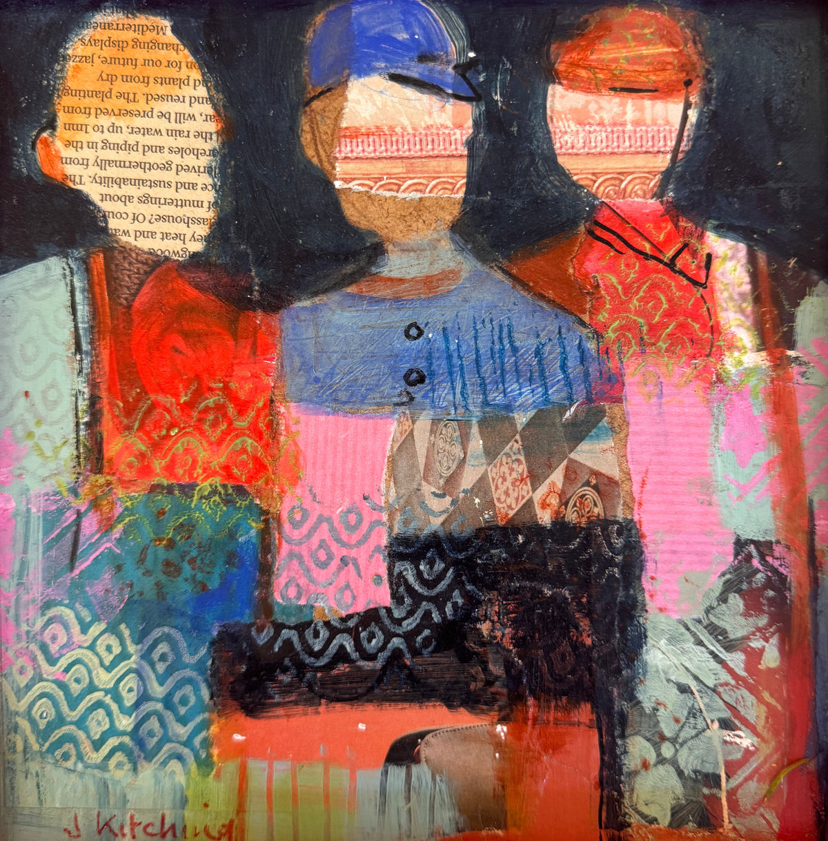 A framed abstract mixed-media painting featuring three stylized human figures in a bright pink frame, displayed against a light beige wall.