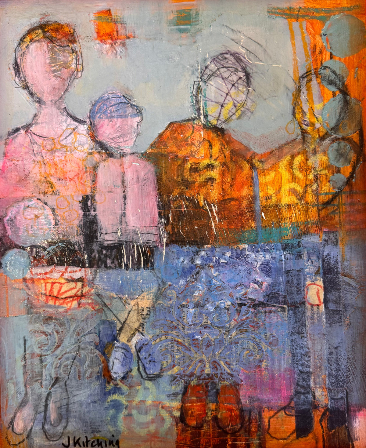 A framed abstract painting featuring expressive brushstrokes in orange, blue, pink, black, and white, enclosed in a bright orange frame.