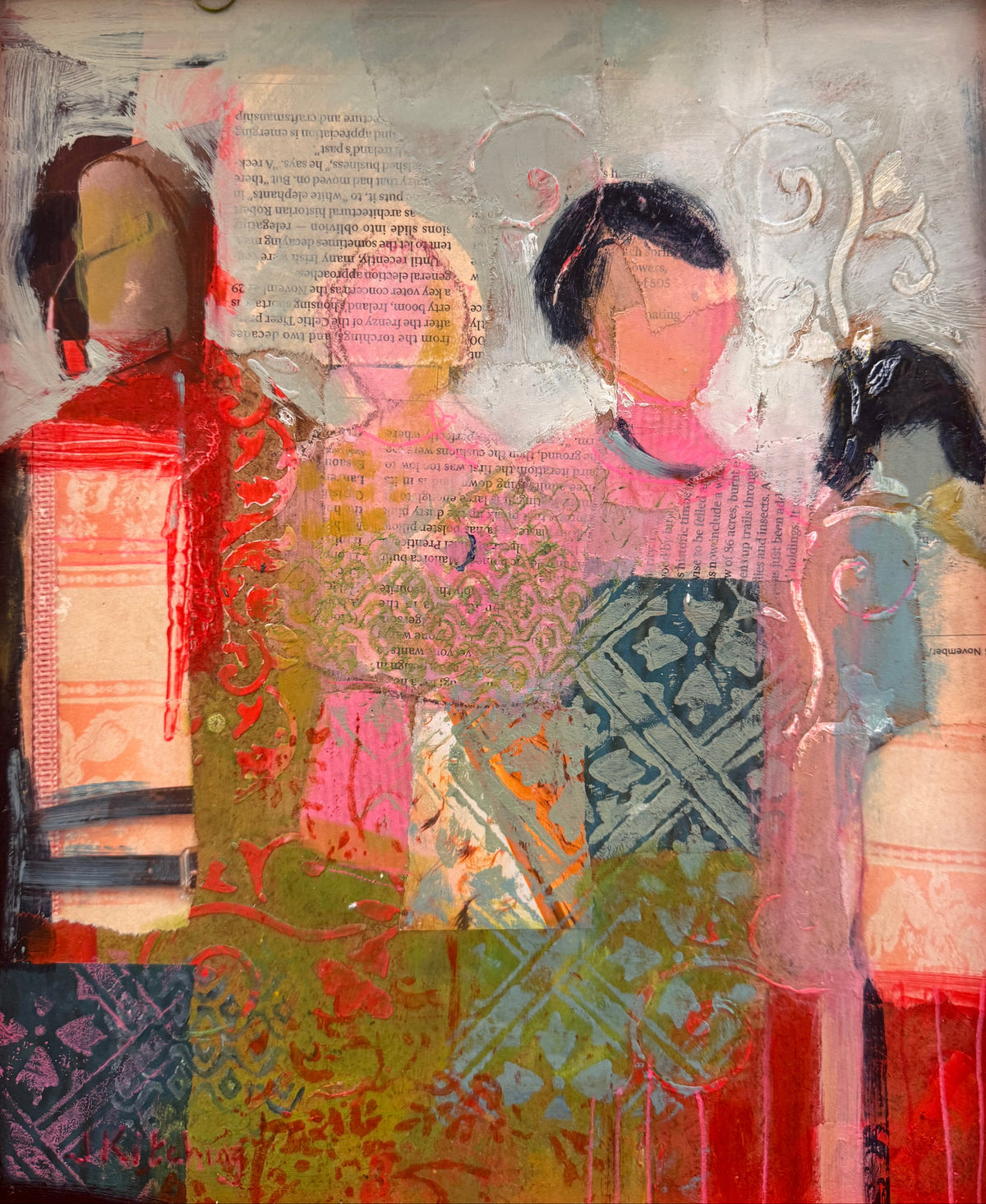 A framed mixed-media collage artwork featuring stylized human figures in pink, red, green, blue, and black tones, enclosed in a bright orange-red frame against a dark background.
