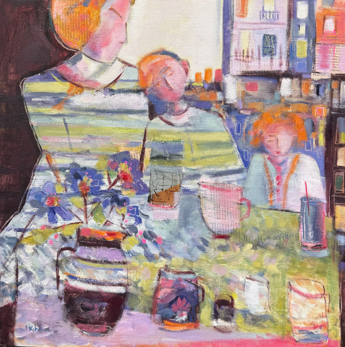 An expressive, colorful painting of a domestic interior scene with figures around a table, flowers, cups, and shelves in the background. The artwork fills most of the frame and appears to be the product itself rather than a photo of a physical object in a room.