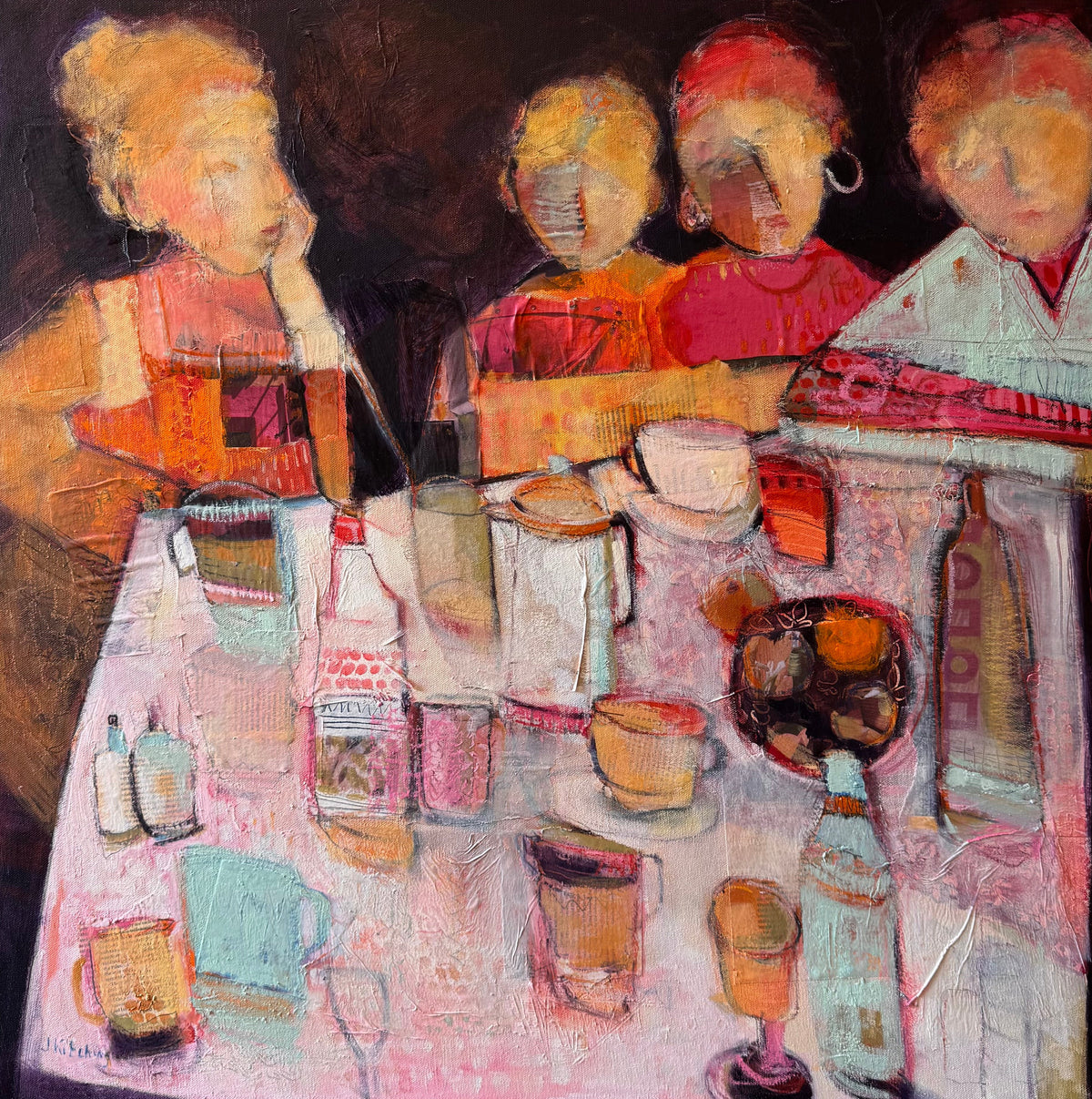 An expressive, textured oil painting of four figures seated around a table with cups, bottles, and dishes, shown in a square white frame against an indoor wall background.