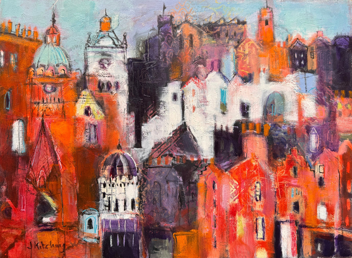 An abstract painting of a cityscape with buildings and domes rendered in expressive brushstrokes of red, orange, white, purple, and light blue, shown against a dark green textured background.