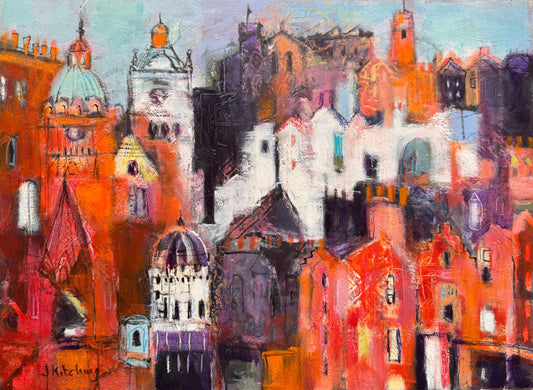 An abstract painting of a cityscape with buildings and domes rendered in expressive brushstrokes of red, orange, white, purple, and light blue, shown against a dark green textured background.