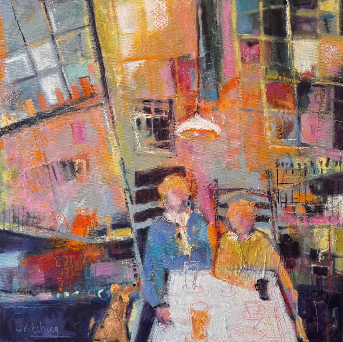 An abstract expressionist painting of two people sitting at a table in a cafe, enclosed in a white frame and displayed on an easel.