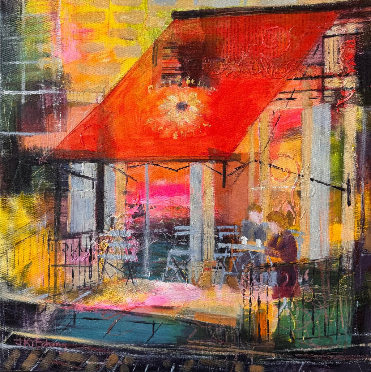 A framed abstract painting depicting a cafe or patio scene with a large red-orange awning, yellow and pink background washes, and dark charcoal accents, shown in a white frame.