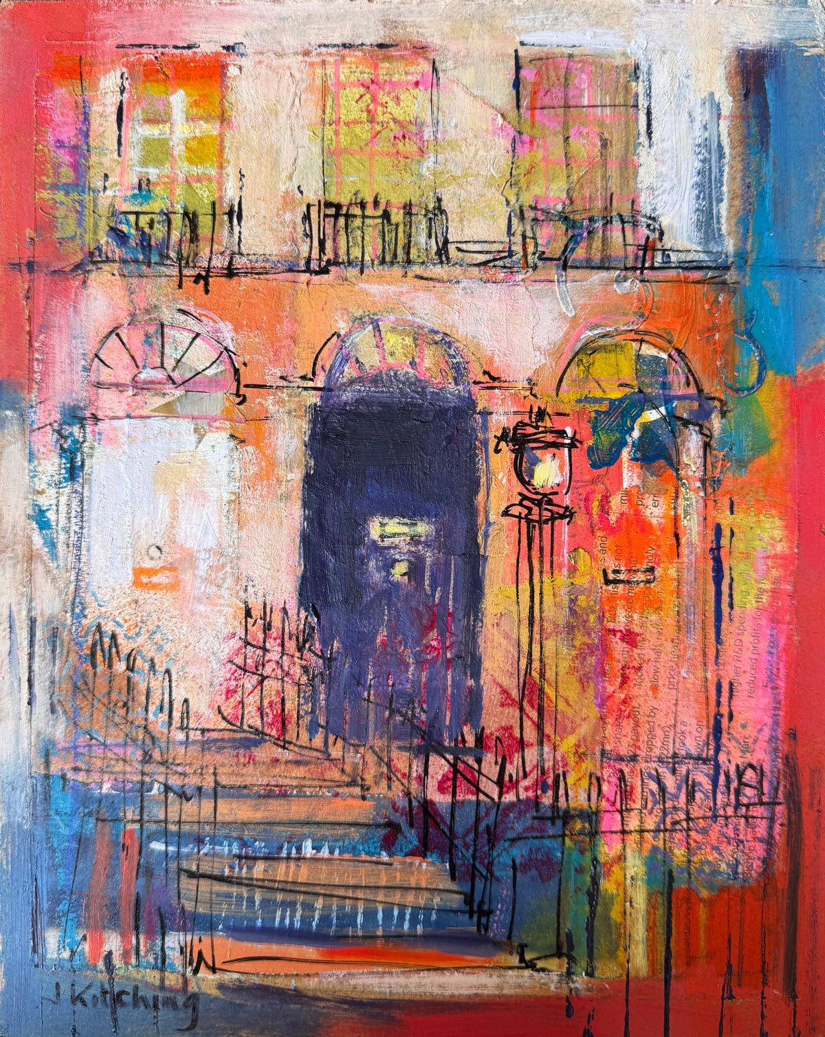 An abstract mixed-media painting on a square canvas, featuring a vibrant palette of red, orange, blue, pink, yellow, and white with expressive brushstrokes and black sketch lines, displayed on a dark green textured background.