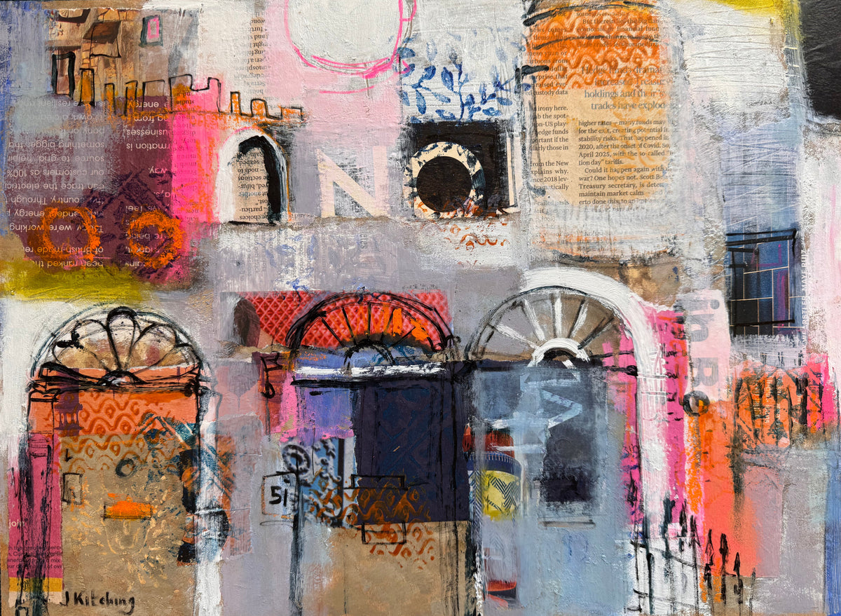 An abstract mixed-media painting featuring architectural elements, wheels, and text layers in a collage style, with prominent pink, orange, beige, gray, and black tones.