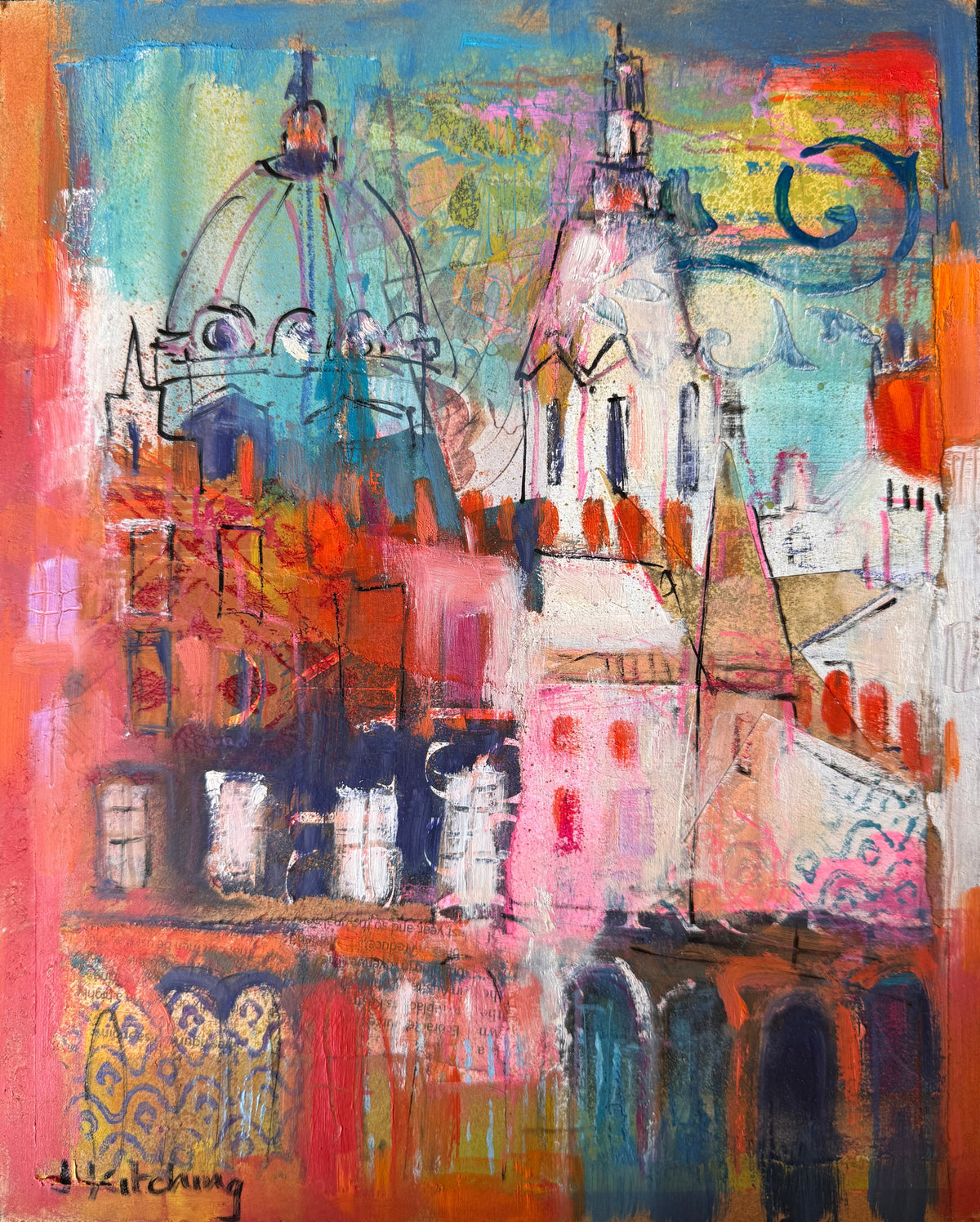 An abstract painting on canvas depicting a city street scene with buildings, bicycles, and hanging umbrellas, rendered in a vibrant mix of orange, pink, blue, teal, and black paint. 