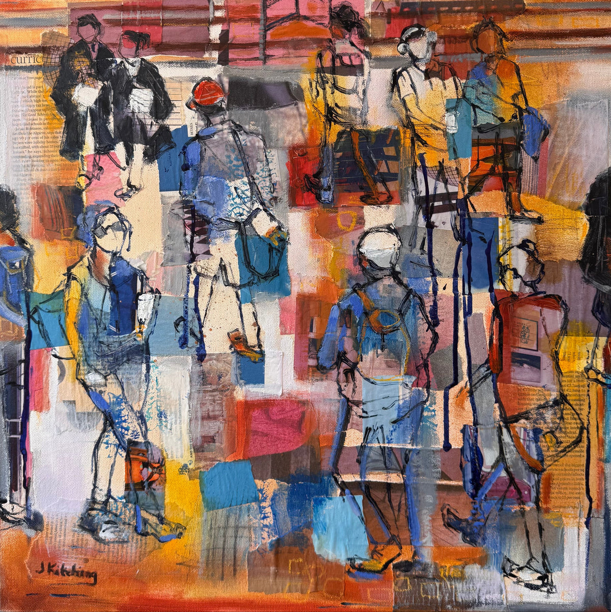 A framed abstract painting depicting stylized figures in blue, orange, red, yellow, and black brushstrokes, shown in a light gray frame against an indoor background.