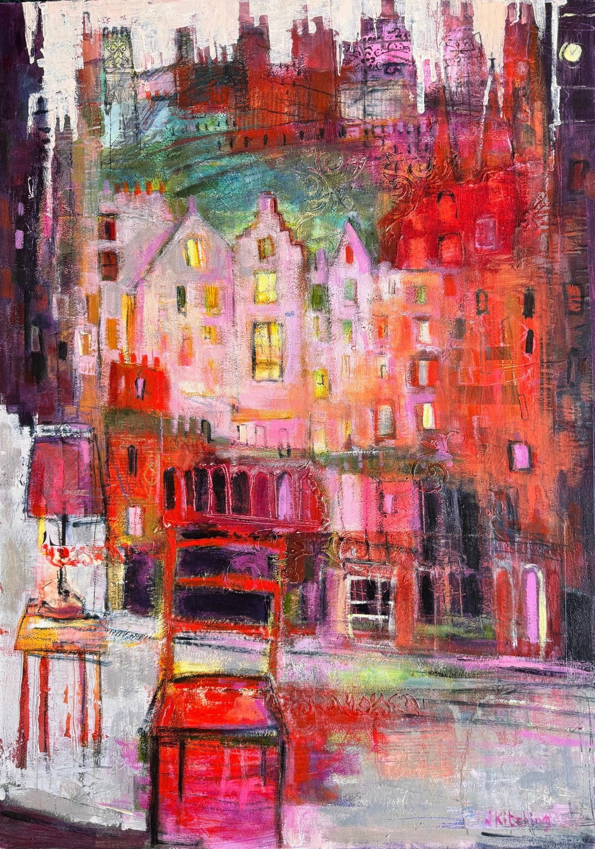 An abstract painting of a cityscape with buildings, rendered in expressive brushstrokes of red, pink, orange, purple, green, and white, displayed against a dark green textured background.