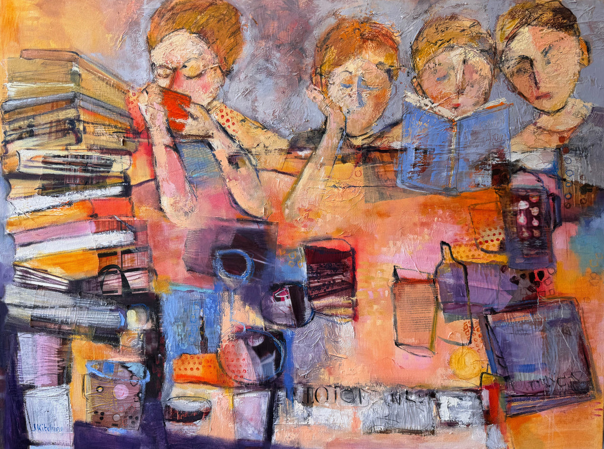 An expressive mixed-media painting of four stylized figures reading, with stacks of books and reading materials around them. The artwork uses a rich palette of orange, blue, purple, pink, and beige tones, presented in a thin light gray frame.