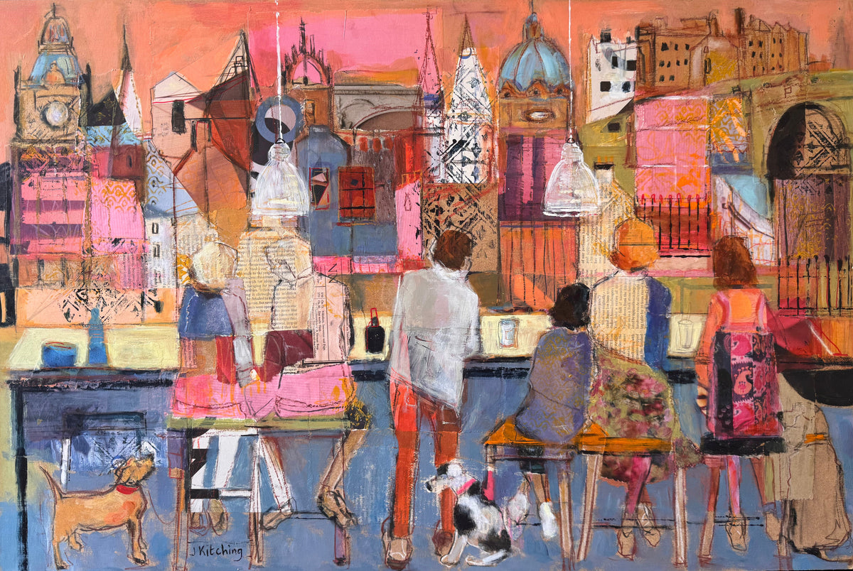 A colorful mixed-media painting of people sitting at a bar with city buildings in the background, housed in a black frame and displayed on an easel.