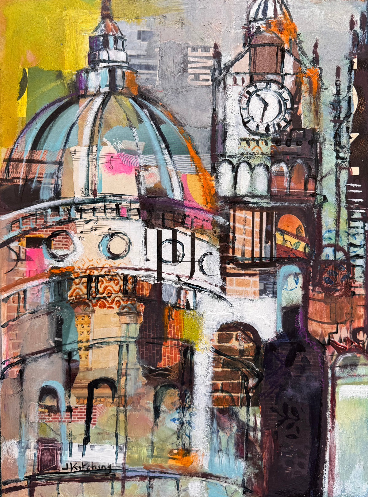 An abstract mixed-media painting of a domed cathedral and clock tower, featuring a vibrant palette of yellow, teal, orange, brown, and black on a textured canvas.