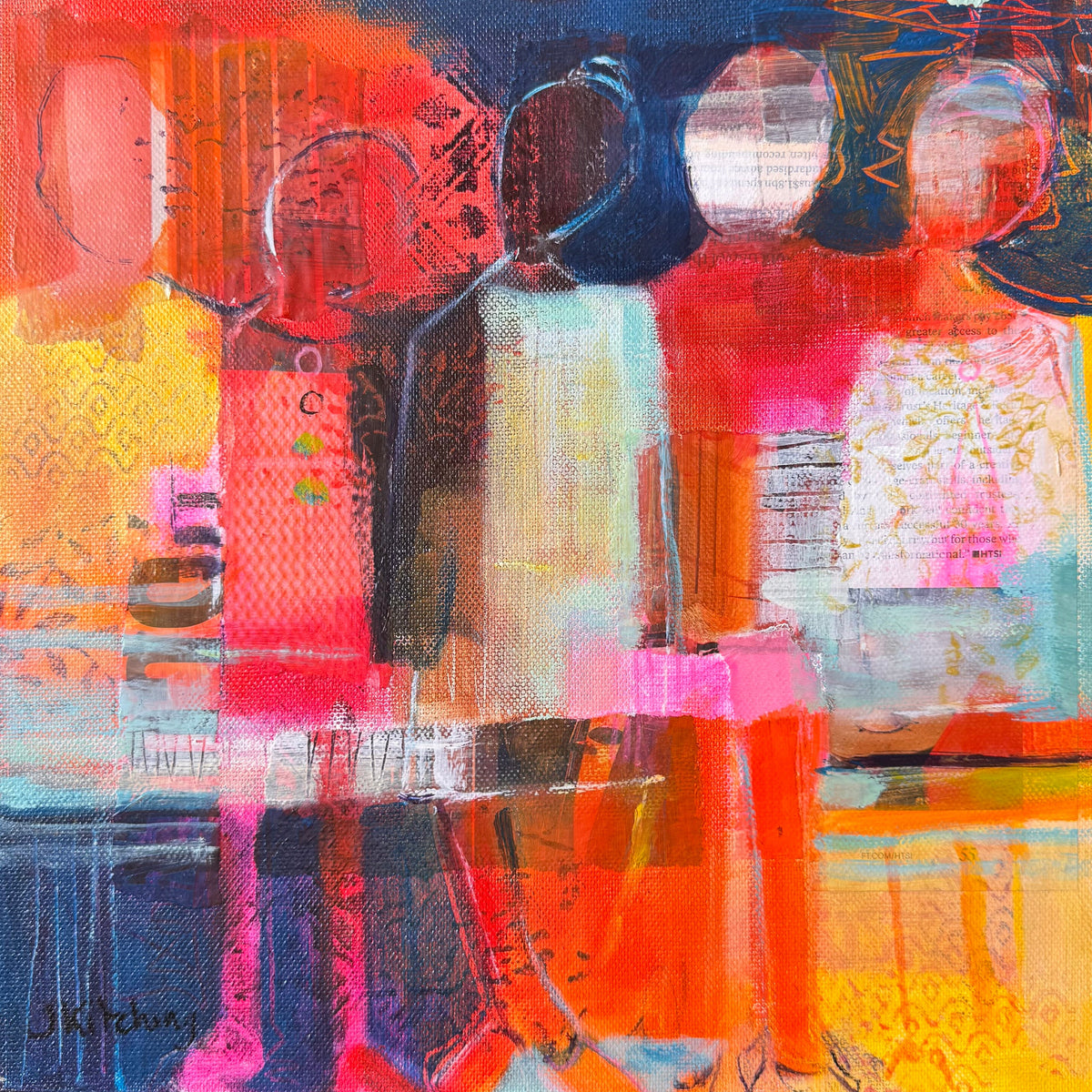 An abstract canvas painting featuring three stylized human figures in vibrant shades of orange, red, pink, yellow, and dark blue, displayed on a dark green textured surface.