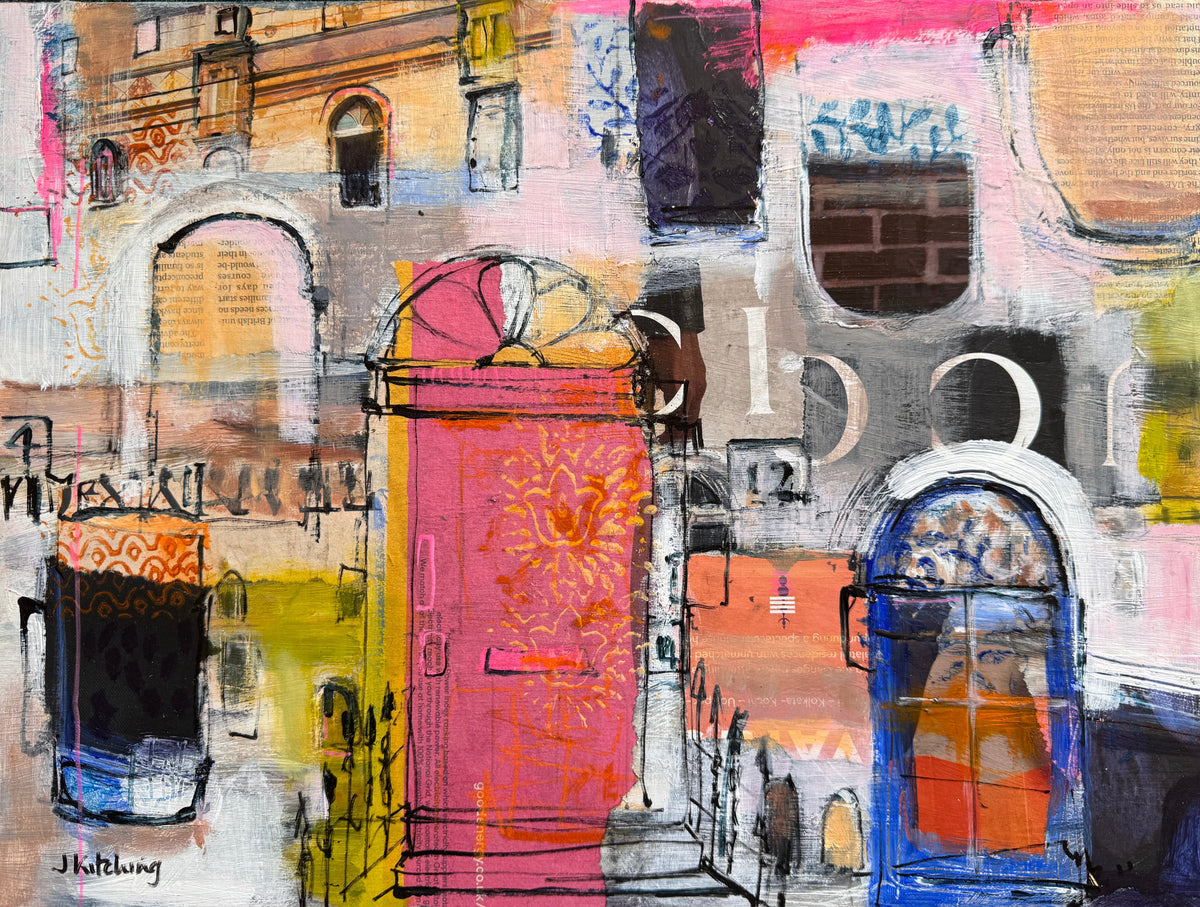 An abstract mixed-media painting on canvas depicting stylized architectural forms and urban elements in a multicolor palette of pink, yellow, blue, black, and beige, set against a dark green textured background.